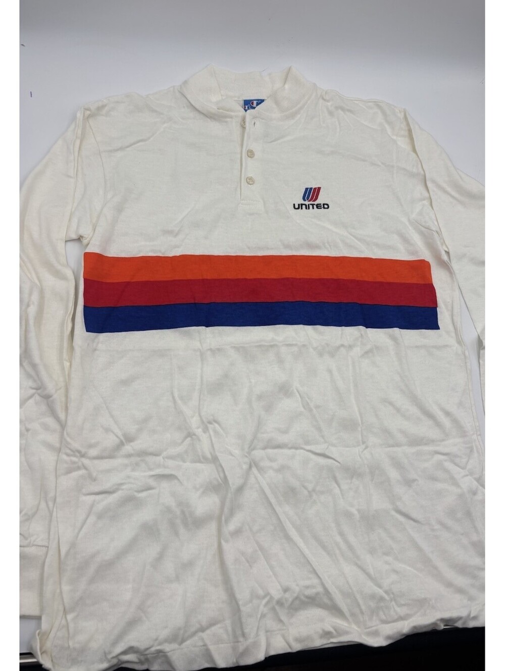 VINTAGE 1980s Champion x United Airlines Tulip Logo Henley White Long Sleeve XL
